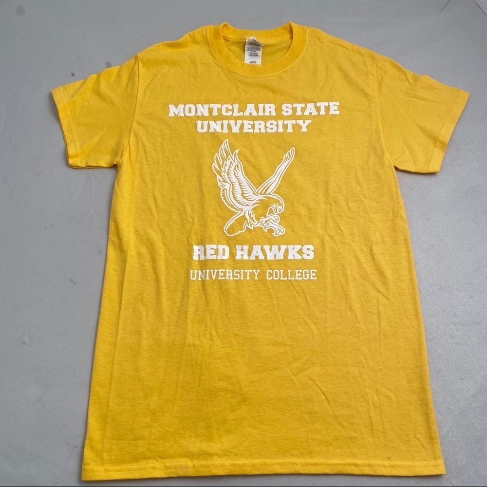 Montclair State University Red Hawks yellow and white short sleeve t-shirt